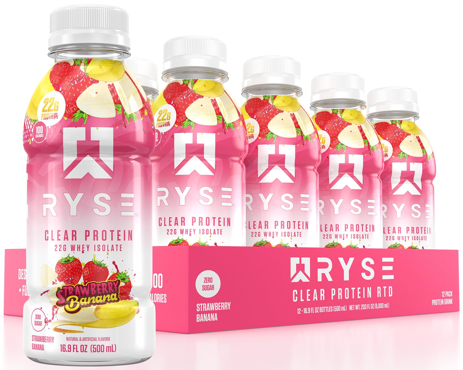 RYSE Clear Whey Isolate Protein Shake Strawberry Banana 100 Calories 22g Protein Sugar Free 0g Fat Lactose Free 16.9 fl oz (12 pack)